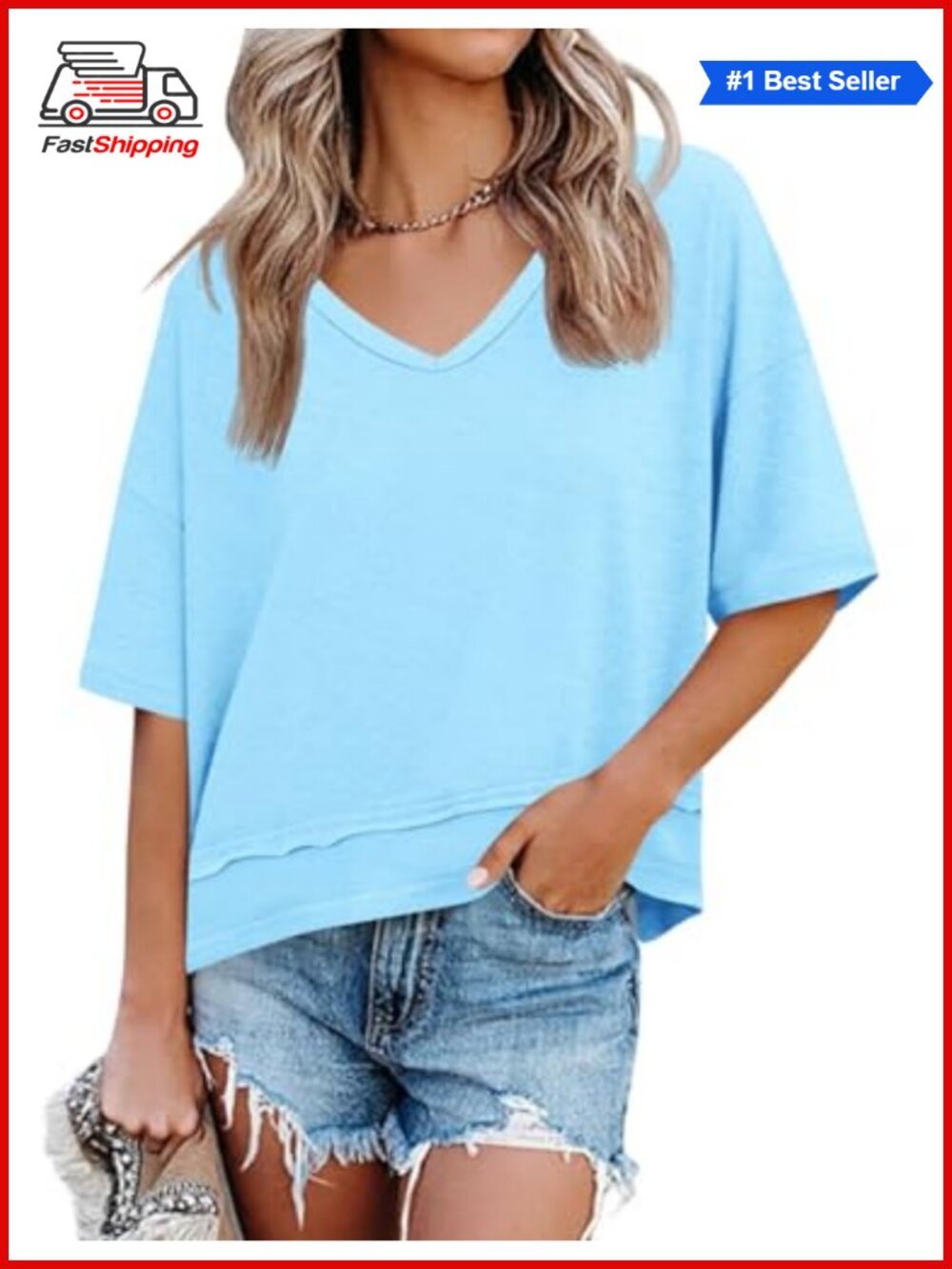 Women's V Neck Short Sleeve Loose Fit Casual Summer T-Shirt Top